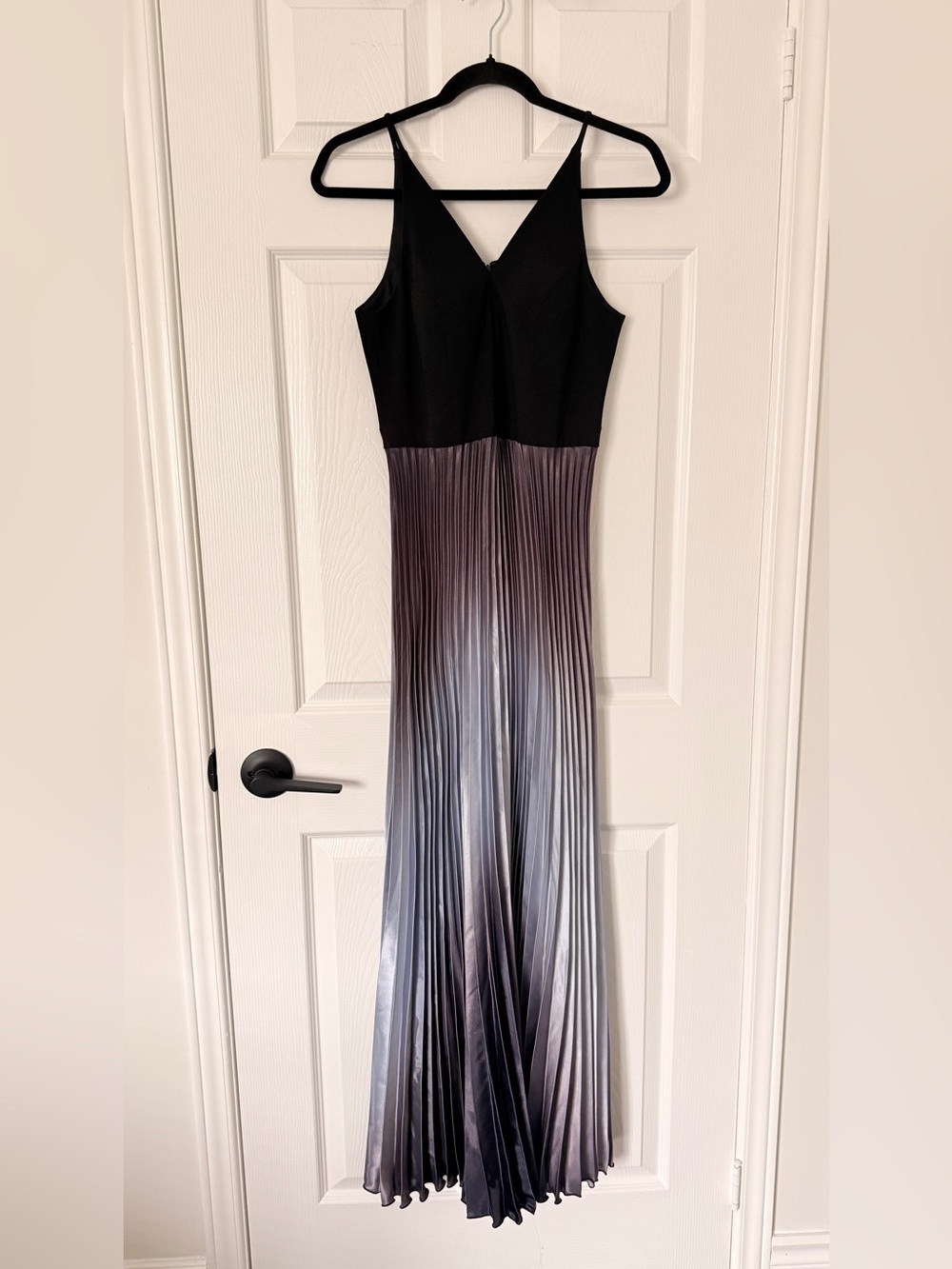 Black to Silver Ombre Pleated Maxi Dress with V-Neck